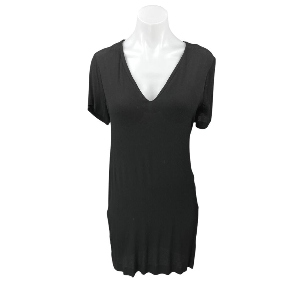Madewell Women's Black Deep V Short Sleeve Button Hem T Shirt Mini Dress Size S